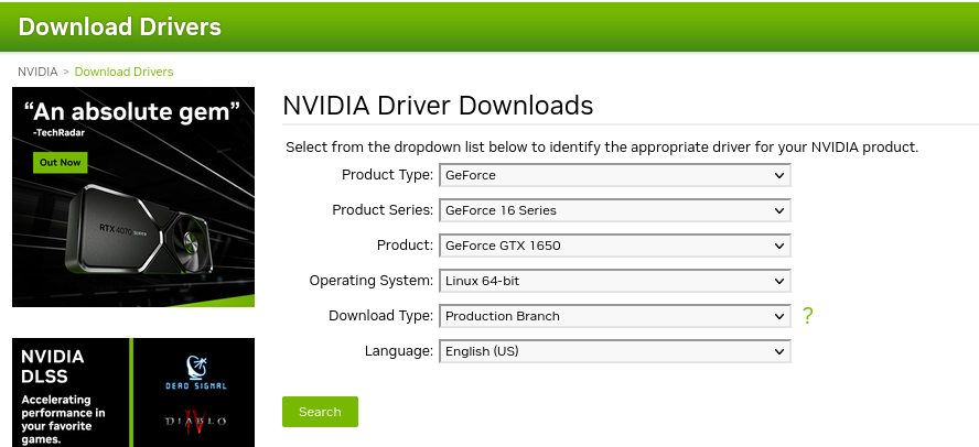 Figure 7. NVIDIA Driver form fields for GTX 1650